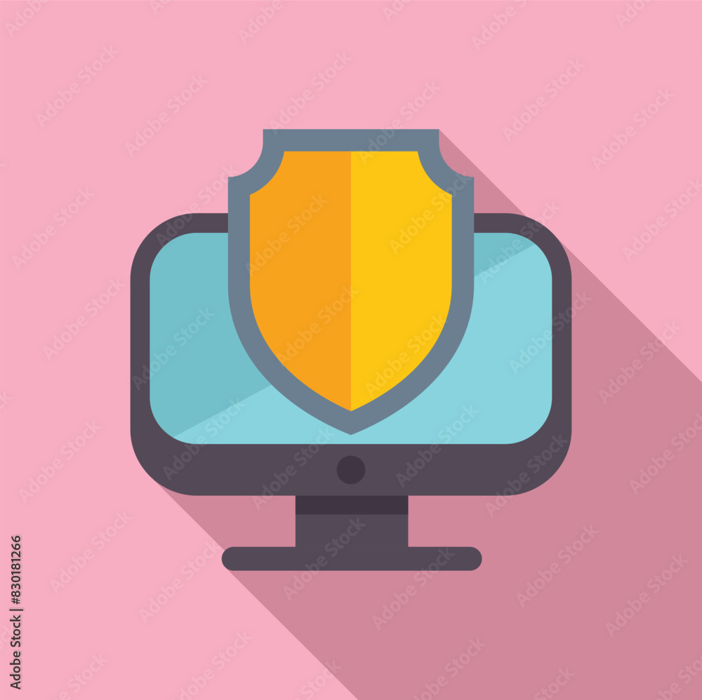 Poster flat design icon depicting a computer monitor with a protective shield, symbolizing online security