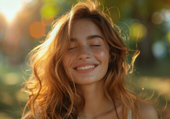 portrait of a happy young woman with freckles and long red hair smiling with her eyes closed