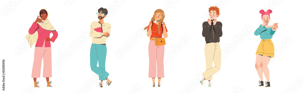 Poster man and woman character showing hand gesture expressing emotion with body language vector illustrati