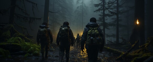 Fototapeta premium a group of people walking through a forest at night