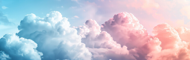 Crisp, colorful clouds against the pastel sky create an enchanting background for your design projects. Perfect as an ethereal banner or cover, this image captures the beauty of fluffy white and pinki