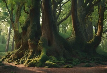 AI generated illustration of a large old oak tree and other lush forest trees covered in moss