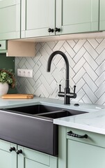 close up of mint green kitchen cabinets with black sink, herringbone white tile backsplash, 