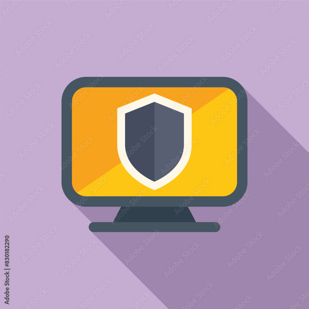 Poster flat design icon of a computer monitor with a shield on screen, indicating cybersecurity