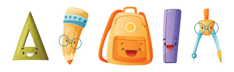 Funny School Items with Smiling Faces as Cartoon Education Supply Vector Set © Happypictures