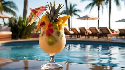 Tropical exotic cocktail in a beautiful glass with ice on the background of an outdoor pool summer drinks beach holiday