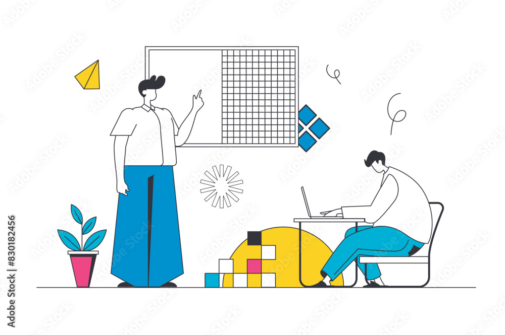 Aufkleber back to school outline web concept in modern flat line design. student doing homework at laptop, lea