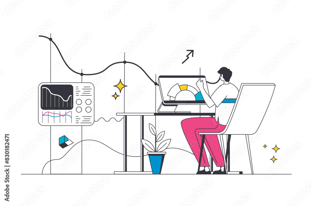 Poster business statistic outline web concept in modern flat line design. businessman making market analysi