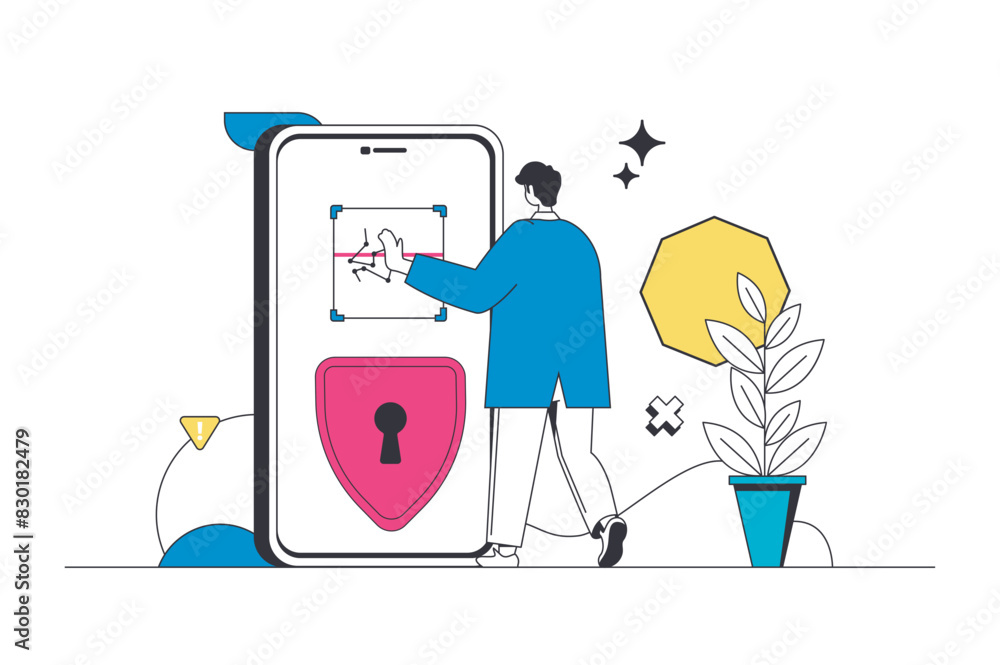 Poster biometric control outline web concept in modern flat line design. man unlocking mobile phone with pa