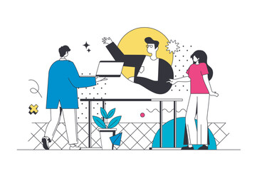 Business training outline web concept in modern flat line design. Colleagues learning at meeting with coach, learning at online professional seminar, brainstorming at workshop. Vector illustration