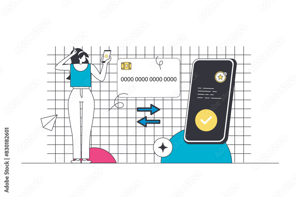 Aufkleber money transfer outline web concept in modern flat line design. woman using online banking service fo
