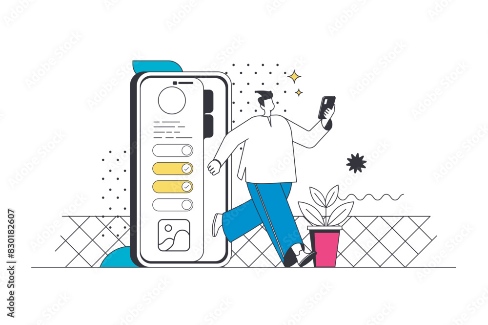 Aufkleber mobile organizer outline web concept in modern flat line design. man managing daily time with online