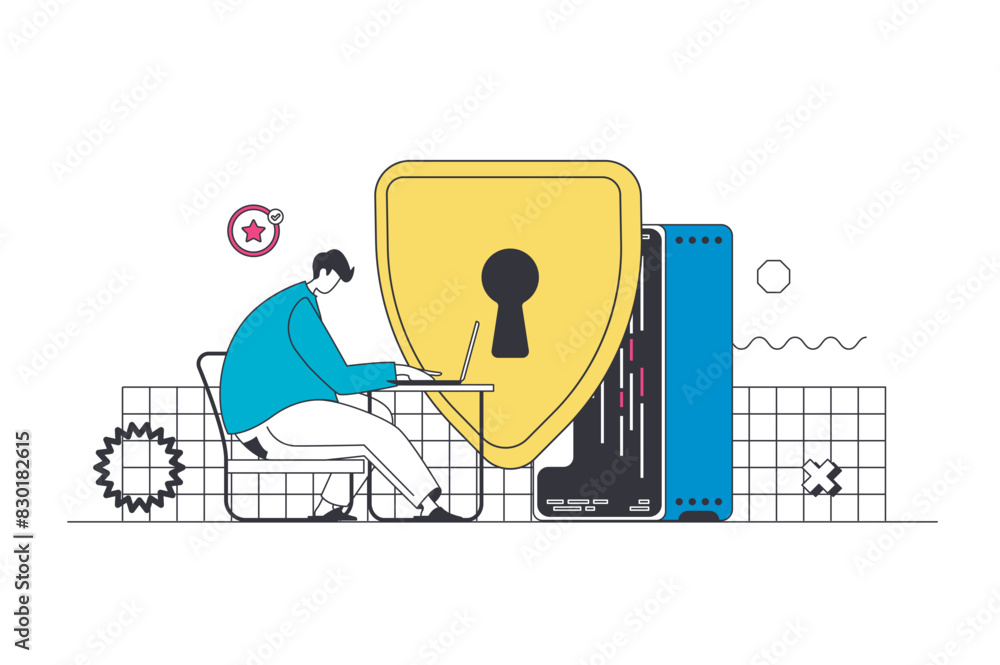 Aufkleber network security outline web concept in modern flat line design. man protecting personal data in int