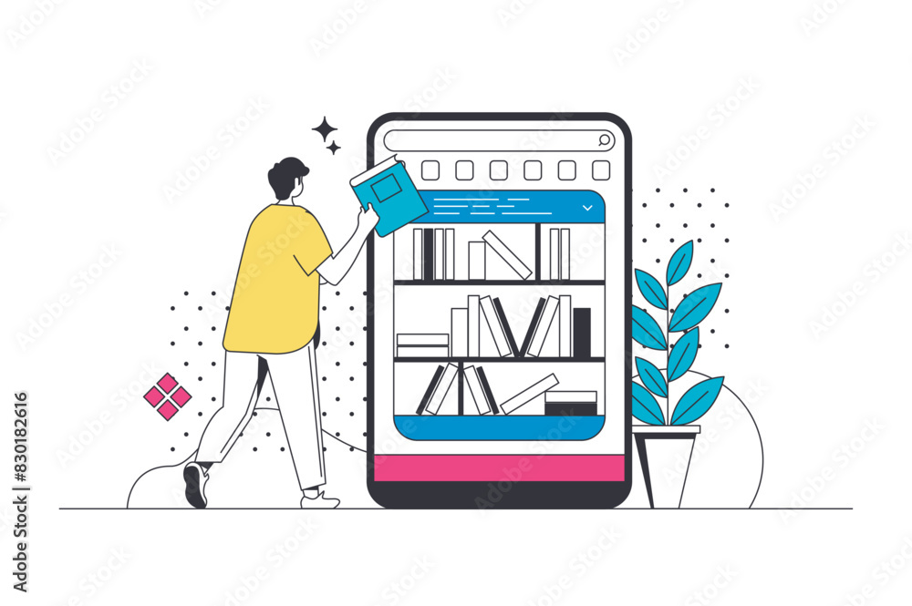 Poster online library outline web concept in modern flat line design. man reading books at mobile app, buyi
