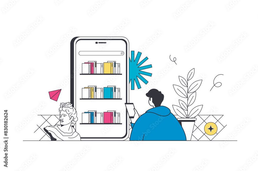 Aufkleber Online reading outline web concept in modern flat line design. Man reading books in mobile app, managing digital books at virtual shelves and storing at mobile phone application. Vector illustration