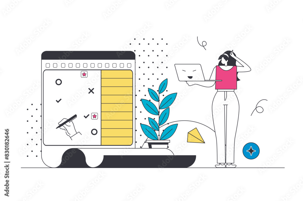 Poster planning schedule outline web concept in modern flat line design. woman creating work agenda and dai