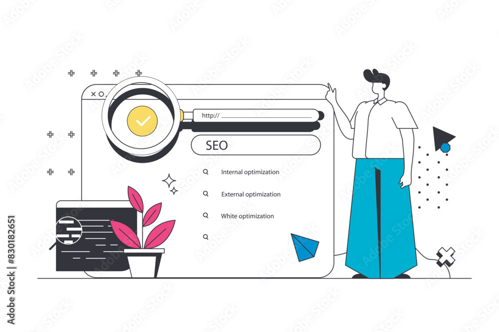 Poster seo optimization outline web concept in modern flat line design. man analyst working with website da