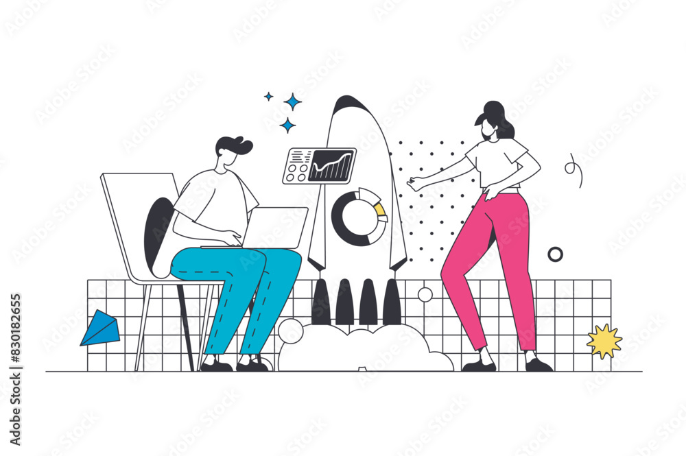 Aufkleber Outsourcing company outline web concept in modern flat line design. Man and woman working from home office remotely, doing tasks online and collaborating with freelance team. Vector illustration