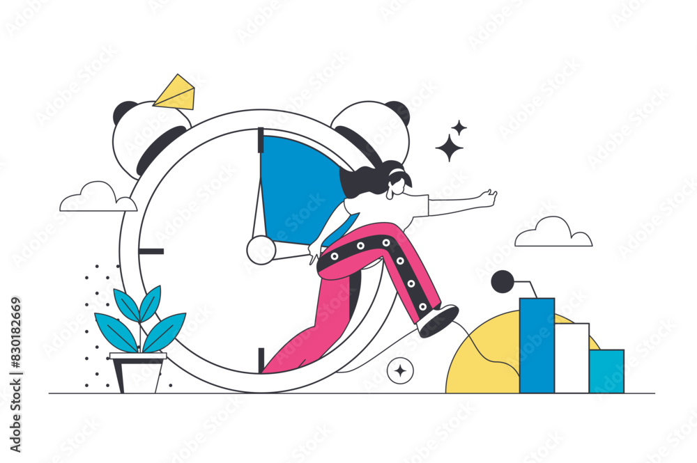 Leinwandbilder Time management outline web concept in modern flat line design. Woman making workflow optimization with deadline clocks, schedule organisation and efficiency work productivity. Vector illustration