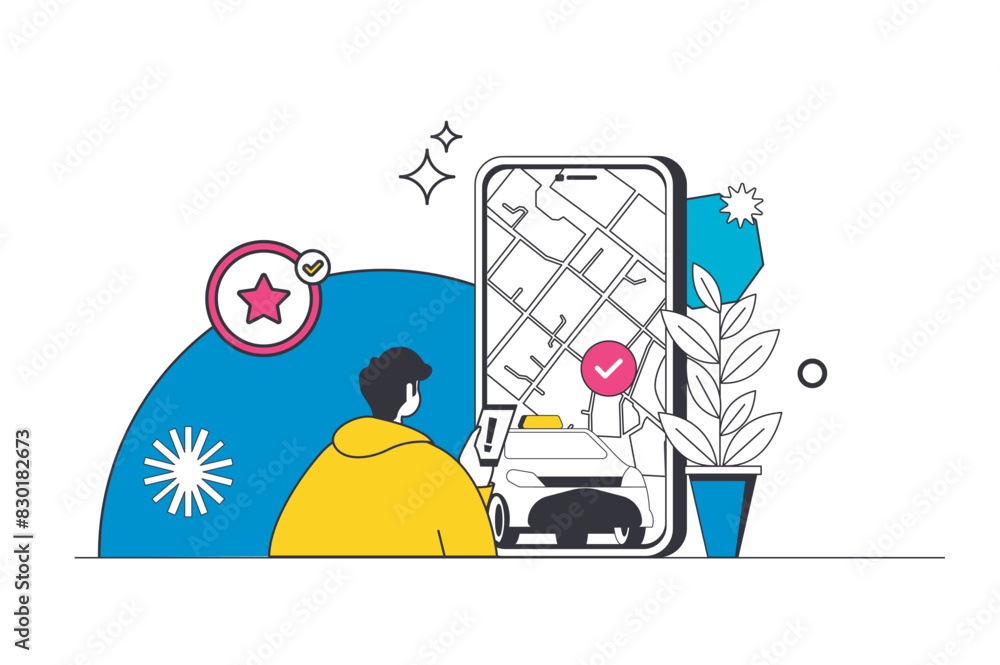 Aufkleber Taxi booking outline web concept in modern flat line design. Man using mobile app for ordering car transportation with online map route. Automobile transfer service in application. Vector illustration