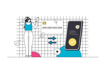 Money transfer outline web concept in modern flat line design. Woman using online banking service for sending or receiving financial transfer from credit card in mobile app. Vector illustration