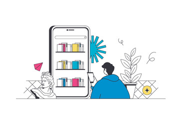 Naklejka premium Online reading outline web concept in modern flat line design. Man reading books in mobile app, managing digital books at virtual shelves and storing at mobile phone application. Vector illustration