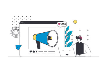 Outbound marketing outline web concept in modern flat line design. Man making advertising for customer communication and attracting clients, promoting brand products in internet. Vector illustration