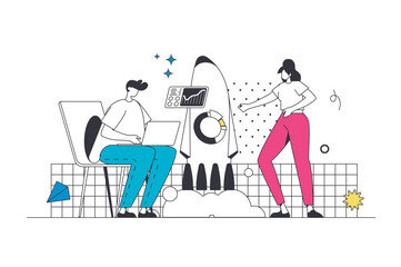 Outsourcing company outline web concept in modern flat line design. Man and woman working from home office remotely, doing tasks online and collaborating with freelance team. Vector illustration