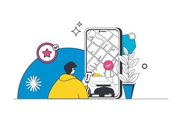 Taxi booking outline web concept in modern flat line design. Man using mobile app for ordering car transportation with online map route. Automobile transfer service in application. Vector illustration