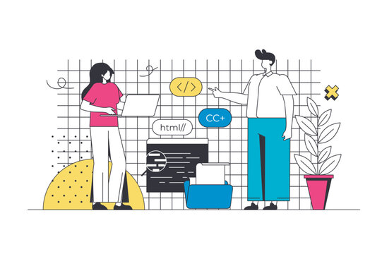 recommend clip art: Programming outline web concept in modern flat line design. Woman and man working with programming code, creating software products, making optimization app, developing project. Vector illustration