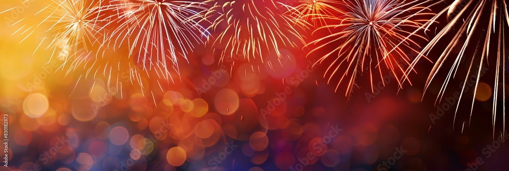 Poster a colorful fireworks display with blurry lights in the background