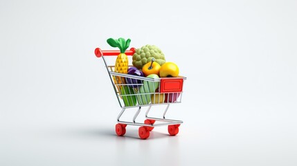A miniature shopping cart filled with fruits and vegetables.