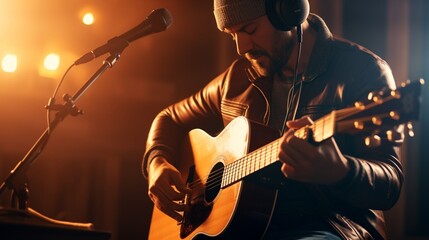 Obraz premium A musician performing with an acoustic guitar and microphone, intimate studio setting, soft lighting, detailed textures, focused shot 8K , high-resolution, ultra HD,up32K HD