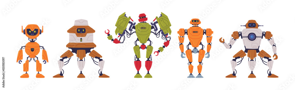 Poster metal robot machine with limbs for labor automation vector set