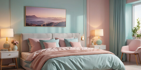 A calming pastel bedroom with textured pastel walls and a built-in headboard with integrated lighting.