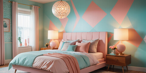 A mid-century modern pastel bedroom with geometric patterned wallpaper and a statement pendant lamp in a pastel hue.