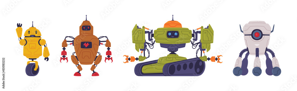 Aufkleber metal robot machine with limbs for labor automation vector set