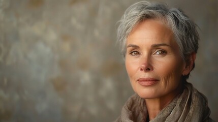 portrait of a middle-aged woman with a thoughtful expression, captured against a backdrop of soft