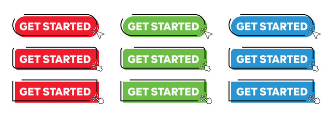 Get Started Button with Click cursor. Modern Simple web action button with click cursor or arrow pointer vector illustration set