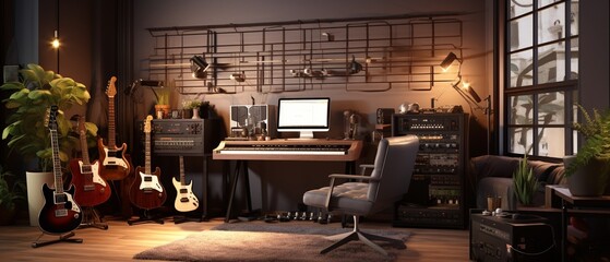 A realistic rendering of a home music studio with a keyboard, guitar, and microphone, warm ambient...