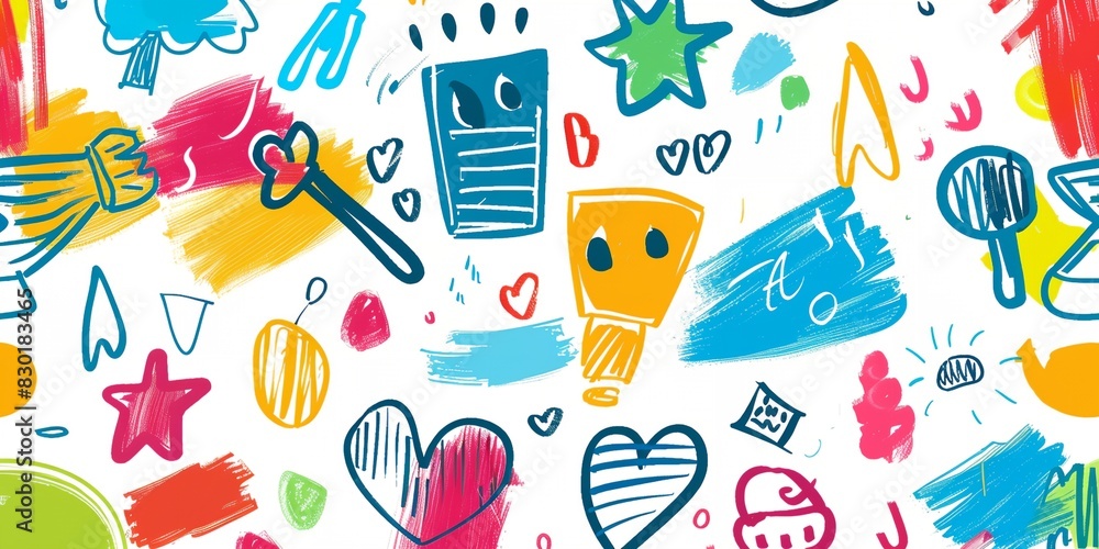Poster a colorful background with a bunch of different items on it, including scissors and hearts and stars