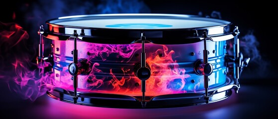 A snare drum illuminated by colorful stage lights, soft and dark background, high detail, concert atmosphere, dramatic lighting 8K , high-resolution, ultra HD,up32K HD