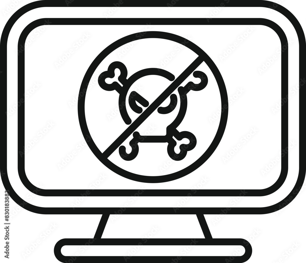Poster simple line icon of a computer screen with a crossedout skull and bones symbolizing virus protection
