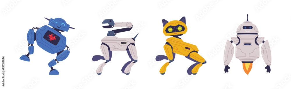 Aufkleber metal robot machine with limbs for labor automation vector set
