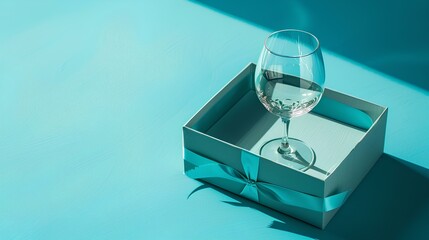 A beautifully designed gift box with a crystal wine glass, placed on a bright powder blue background.