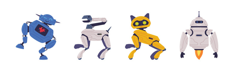 Metal Robot Machine with Limbs for Labor Automation Vector Set