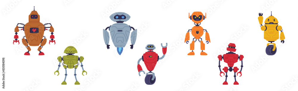 Aufkleber metal robot machine with limbs for labor automation vector set