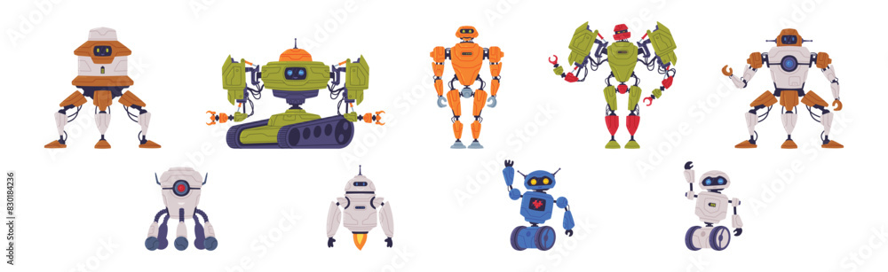 Aufkleber metal robot machine with limbs for labor automation vector set