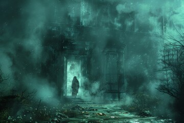 Fototapeta premium Creepy scene with a hooded figure standing before an ancient, foggy temple