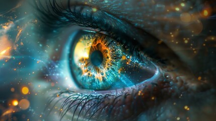 Human eye creative light effect. Abstract composition abstract art background. Blue make-up. Beautiful girl look in the camera.